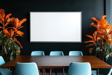 Minimalist conference room with black wall and walnut brown table.