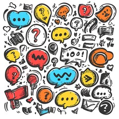 Hand-drawn sketch of various speech bubbles, lightbulb ideas, and question marks, perfect for brainstorming or idea generation.