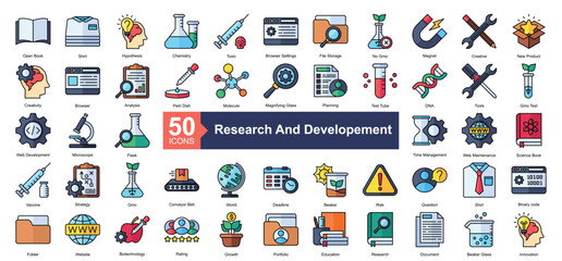 Research and Developement Icon Collection Set.Containing creative, new product, creativity, browser, analysis icon. Simple lineal style Vector Illustration.	