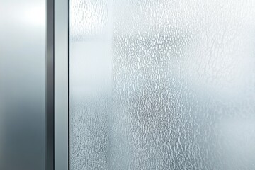 Frosted glass pane with textured surface, showcasing intricate patterns of condensation.