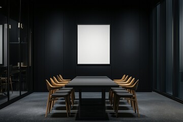 Empty white frame in a minimalist black and wood conference room.