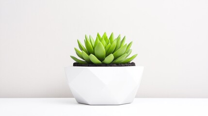 A succulent plant in a modern white geometric pot.