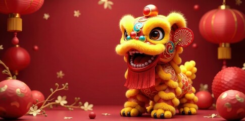 Obraz premium Vibrant lion wearing red fan on head surrounded by traditional Chinese New Year decorations, culture, new year, fan