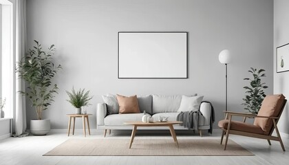 Minimalist living room with a light gray sectional sofa, neutral decor, and indoor plants. blank canvas frames adorn the wall above a modern coffee table.
