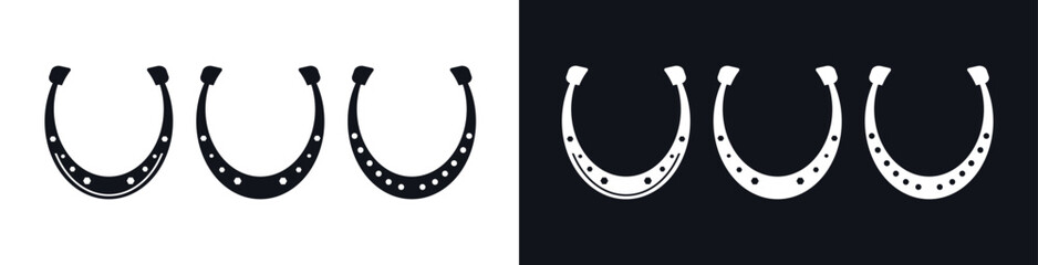 Black and White Horseshoe Icon Set for Graphic Design, Vector Horseshoe Icons for Luck and Equestrian Themes, Stylized Horseshoe Symbol Set for Design Projects.