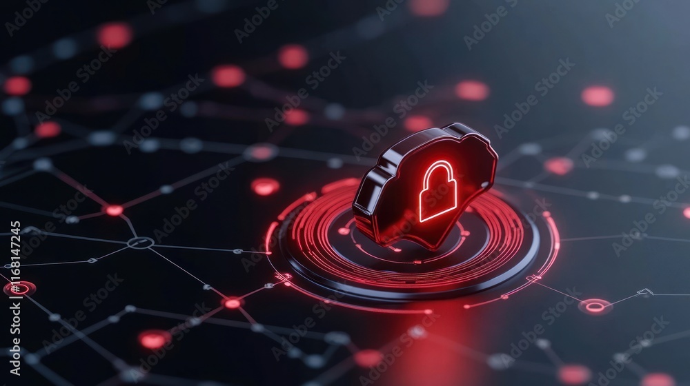 Poster digital lock symbol on a network background, representing cybersecurity.
