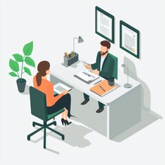 Business Meeting in Modern Office with Professionals Discussing Strategy Around a Desk Surrounded by Greenery