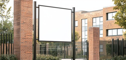 Brick school facade featuring a vertical blank white sign