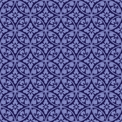 Intricately Designed Symmetrical Floral Pattern Japanese style with Interlocking Circular Motifs in Shades of Blue and Violet, Evoking a Classic and Elegant Aesthetic.