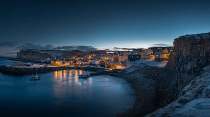 Night view of a snow-covered coastal village with boats in a calm bay, illuminated houses, and dark cliffs.