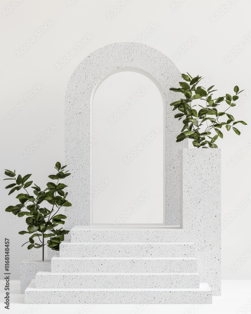 Poster modern minimalist archway display with greenery studio setting still life