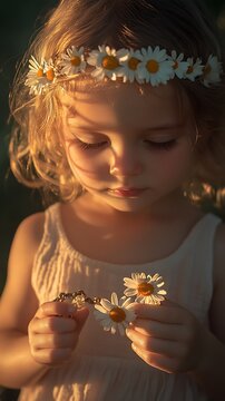 A young child holding a daisy chain they made, with their face glowing in the soft golden hour light.
