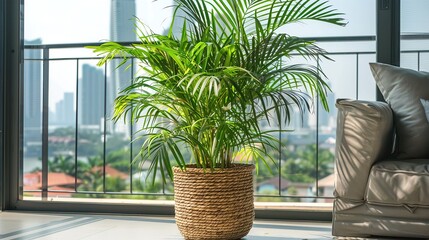 A large Areca Palm in a woven basket pot sits on the balcony with a city skyline view, its feathery fronds swaying gently in the breeze, adding greenery to the modern outdoor setup