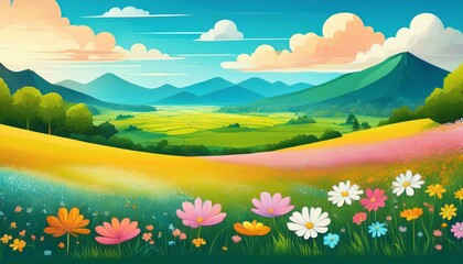 Fototapeta premium Children's book flat lay illustration with a blooming flowers field - landscape with flowers and mountains