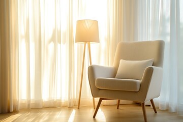 Cozy and Inviting Armchair by a Sunlit Window with Soft Curtains and a Stylish Floor Lamp Creating a Warm Atmosphere in a Modern Living Space
