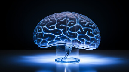 A glass brain with cracks, glowing from within with dim blue light