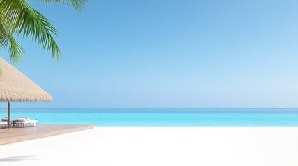 Tranquil beach scene with clear water and palm trees.