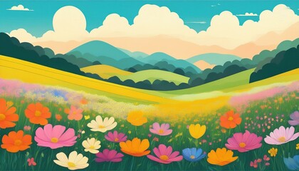 Fototapeta premium Children's book flat lay illustration with a blooming flowers field - landscape with flowers and mountains