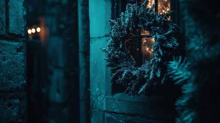 Snowy wreath on a stone wall at night, illuminated window.