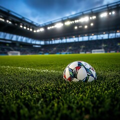 Fototapeta premium Soccer ball on a green field in a stadium.