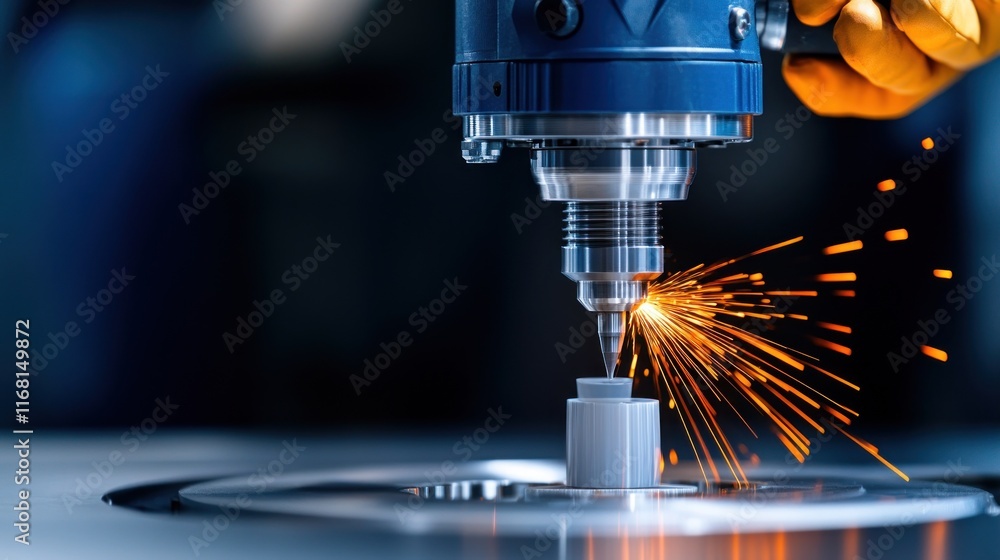 Poster precision machining with sparks from a cutting tool.