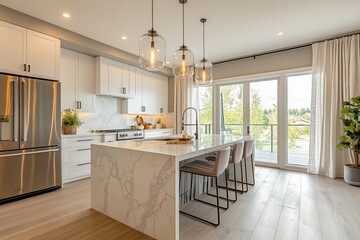 Modern kitchen with white cabinets, marble island, stainless steel appliances, and sliding glass doors to a patio.