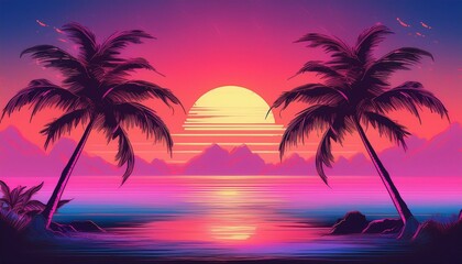 Tropical beach with palm trees silhouette at sunset background - Tropical sunset with trees