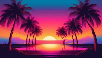 Fototapeta premium Tropical beach with palm trees silhouette at sunset background - Tropical sunset with trees