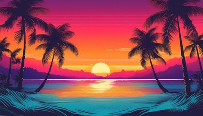 Obraz premium Tropical beach with palm trees silhouette at sunset background - Tropical sunset with trees