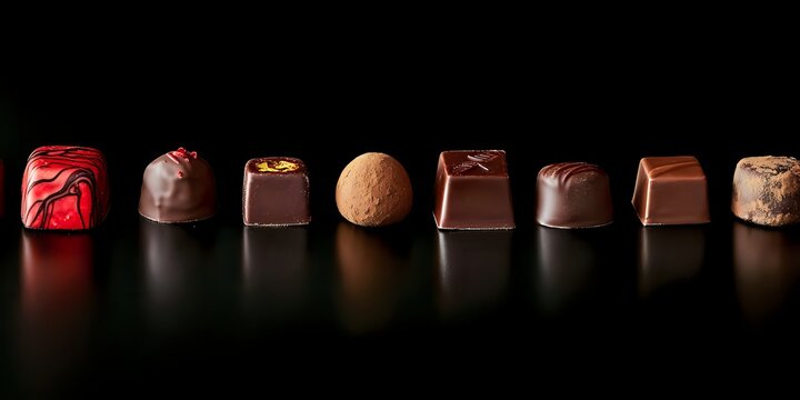 A delectable assortment of gourmet chocolates, meticulously arranged against a stark black backdrop. Each piece showcases unique textures and flavors, promising an exquisite indulgence.