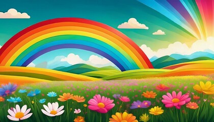 Fototapeta premium Spring meadow with flowers. Children's book illustration with a rainbow over. Meadow with flowers and rainbow