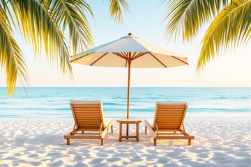 Two wooden loungers with cushions under a white umbrella on a sandy beach, framed by palm leaves. Bright sunny day, peaceful ocean, vacation vibe. Ai generative