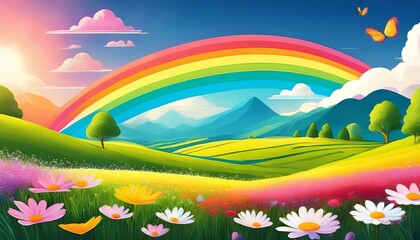 Spring meadow with flowers. Children's book illustration with a rainbow over. Meadow with flowers and rainbow