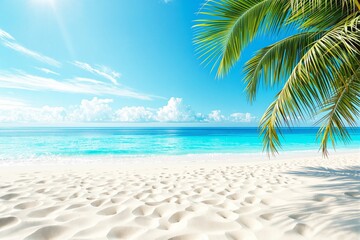 Obraz premium A serene tropical beach with white sand, turquoise ocean waves, and lush palm leaves under a vibrant blue sky. Concept of summer, relaxation, and vacation. Ai generative