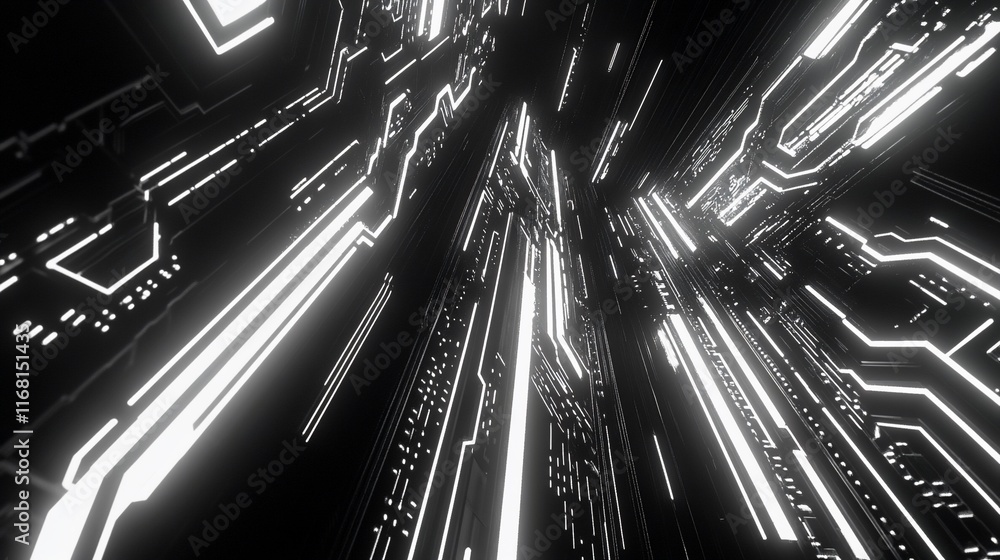 Poster abstract futuristic glowing circuit board lines converging in a tunnel.