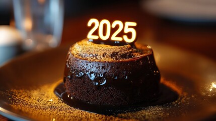 A chocolate lava cake with "2025" glowing in edible gold powder on top