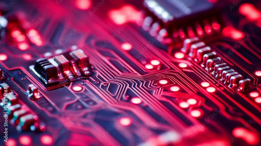 Poster close-up of illuminated circuit board with red leds.