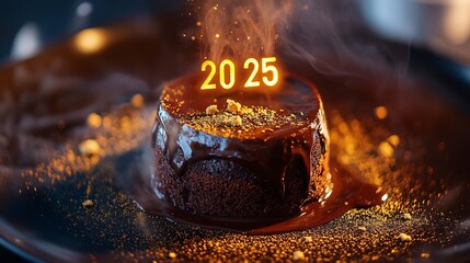 A chocolate lava cake with "2025" glowing in edible gold powder on top