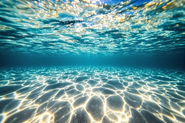 Underwater view of rippled ocean floor with sunlight patterns refracting through clear water, creating a serene and natural aquatic scene. Ai generative
