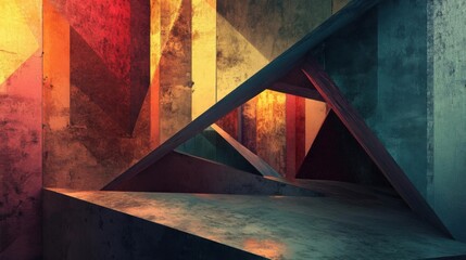 Abstract Geometric Structure, Grunge Texture,  Industrial Design,  Concrete Walls,  Warm Lighting,  Triangular Forms,  Architectural Visualization,  Color Palette,  3D Rendering,  Abstract Background