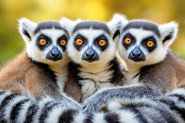 Fototapeta premium Three ring-tailed lemurs with vivid orange eyes, fur details visible, embracing each other closely, against a blurred yellow-green backdrop. Concept of wildlife. Ai generative.