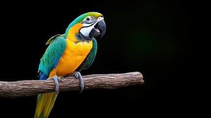 Obraz premium Vibrant macaw perched on a branch against a dark background.