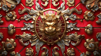 Obraz premium Cultural Celebration Unveiled Ornate Lion Mask Artistry Asia Detail