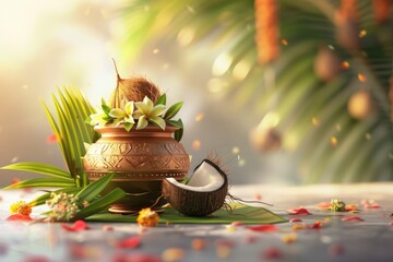 Indian festival celebrates with decorative kalash and floral decorations.