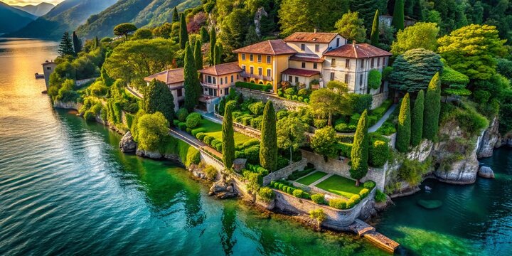 Aerial Panorama of Lake Como Luxury Villa & Terraced Gardens, Lenno, Italy