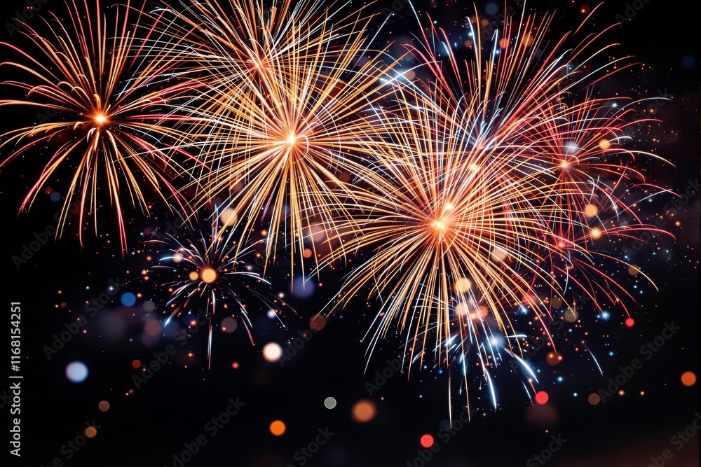 Poster multiple fireworks bursting in vivid colors, illuminating the dark background with vibrant patterns 