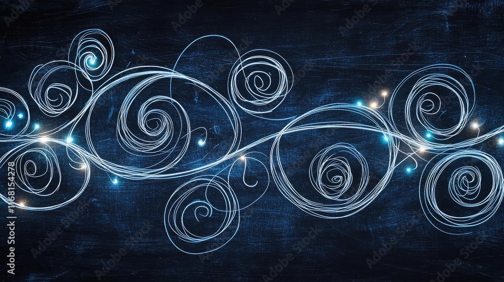 Poster chalkboard abstract background concept. swirling blue lines with luminous accents on a dark backgrou
