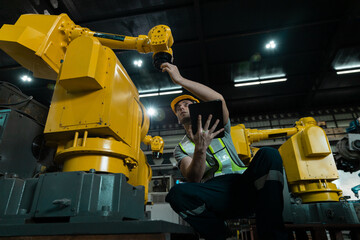 Robotic engineer automatic mechanic using tablet checking quality system of automation robot arms...