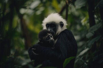 Obraz premium A mother monkey tenderly cradles her infant in a lush green forest.