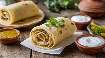 Crispy methi thepla rolled and served with mango pickle, garlic chutney, and yogurt on a rustic wooden table setup
